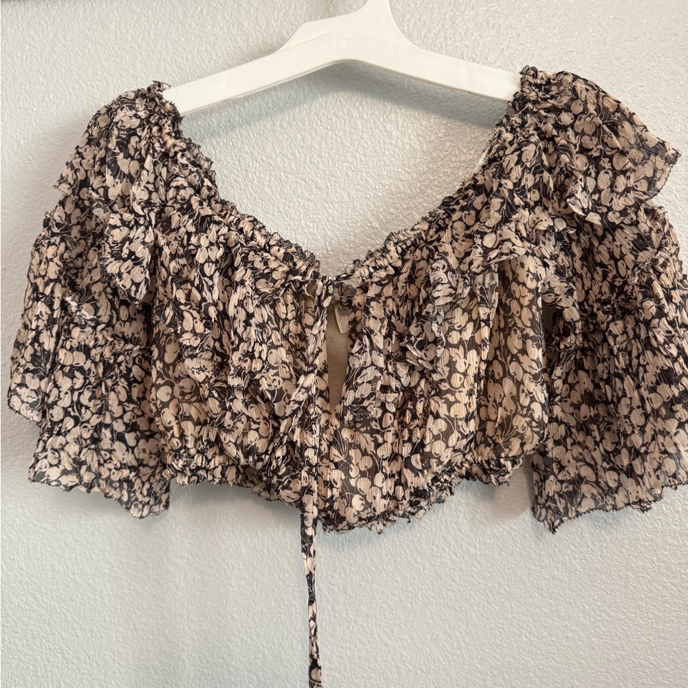 Zimmermann Brown and Tan Ruffled Tie Front Crop Blouse